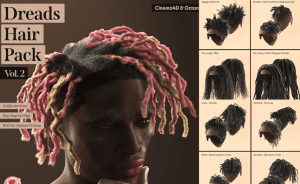 8款真实质感黑人脏辫说唱嘻哈人物发型C4D模型套装Dreads Hair Pack for Cinema4d-素材资源网