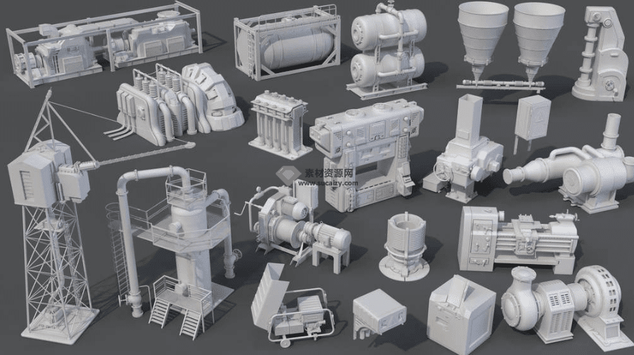 20套工厂建筑工程管道部件3D模型，含工厂车间机器，Blender MAX OBJ FBX格式 - 素材资源网-素材资源网