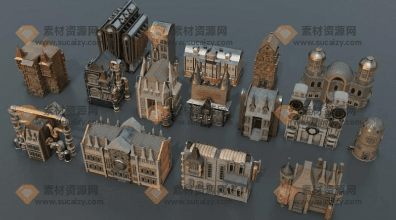 Blender蒸汽朋克风格概念建筑3D模型，含15 个建筑 Kitbash + 配件-素材资源网