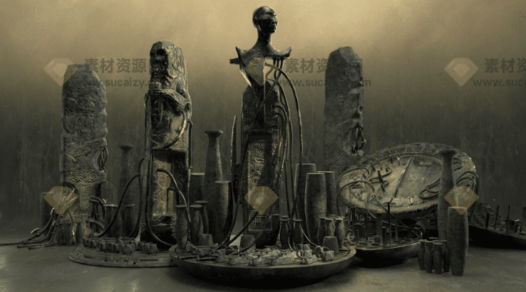 科幻古神秘石柱经典科幻3D模型石像石柱模型，FBX、PNG格式素材-素材资源网
