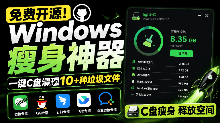免费开源Windows瘦身神器，一键C盘清理10+种垃圾文件，支持微信/QQ/钉钉/飞书/企业微信专清，LightC-素材资源网