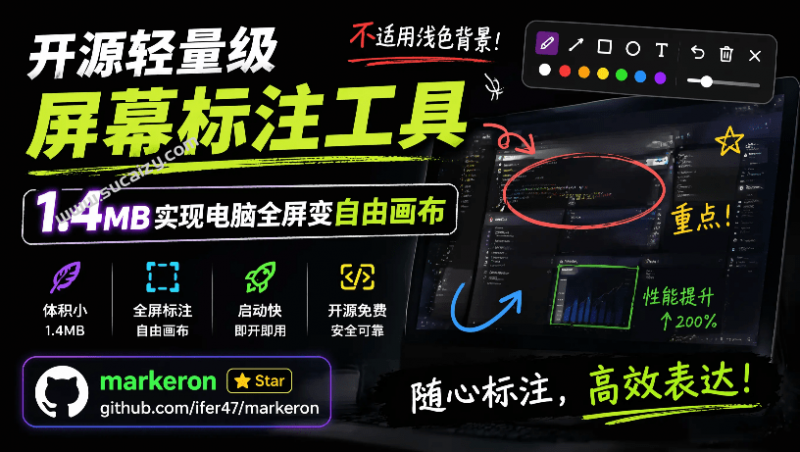 开源轻量级屏幕标注工具，1.4MB实现电脑全屏变自由画布！支持8种标注工具和全键盘操控 MarkerOn-素材资源网