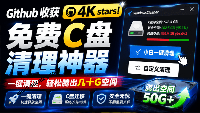Github收获 4K stars！免费C盘清理神器，轻松腾出几十G空间，支持C盘迁移 Windows Cleaner-素材资源网