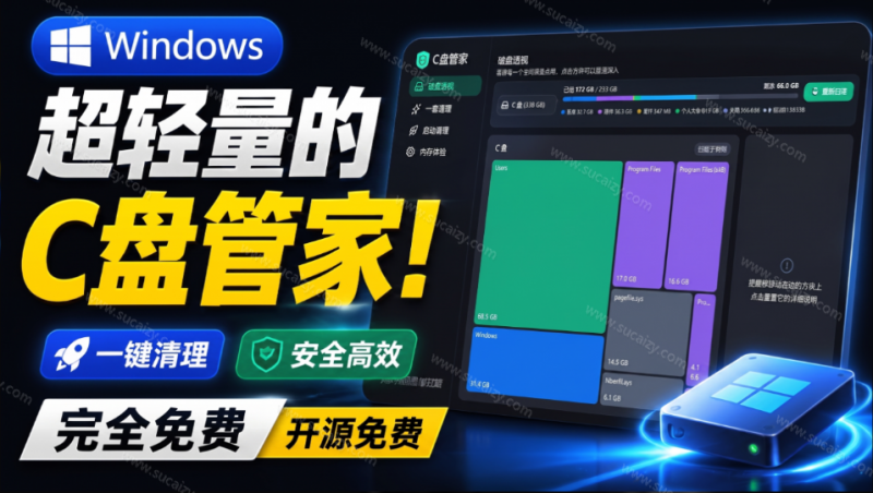Windows 超轻量的C盘管家!超级有特点,支持磁盘分析及清理提醒,2M大小体积,完全免费 C盘管家-素材资源网