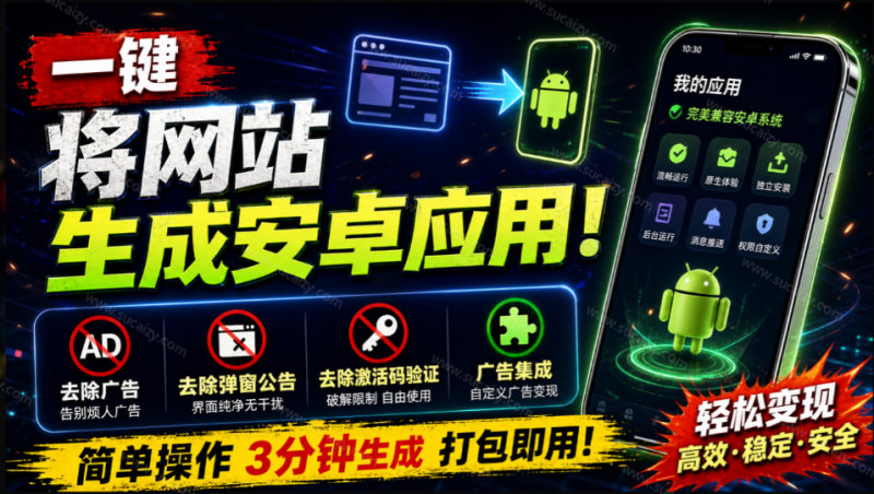 目前最好用，一键将网站生成安卓应用！支持去除广告、弹窗公告、激活码验证、广告集成等 web-to-app-素材资源网