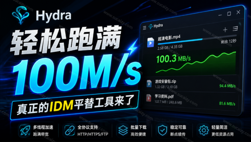 轻松跑满100M/s，真正的IDM平替工具来了，开源多线程器，支持浏览器拓展，一键智能加速 Hydra Download Manager-素材资源网