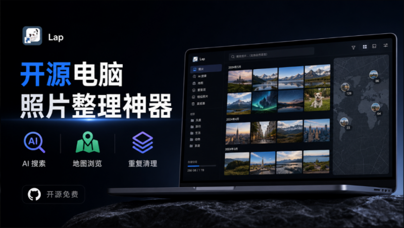 3.7k stars！电脑照片整理神器，支持 AI 搜索、地图浏览和重复清理，10 万张照片也能流畅运行 Lap-素材资源网